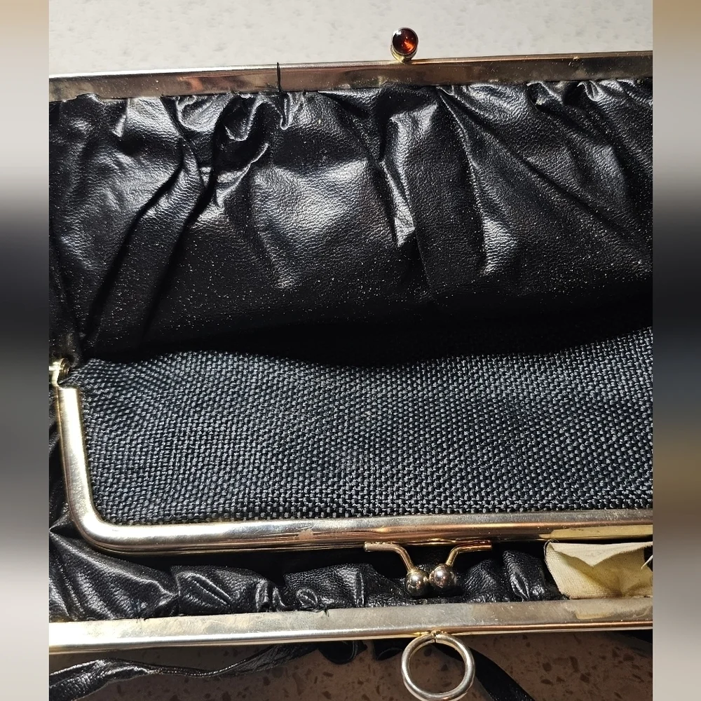 Vintage Italian Structured Frame Purse – Black Woven Fabric & Silvertone Hardwar